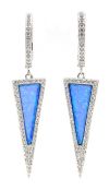 Pair of silver opal and cubic zirconia triangle pendant earrings,