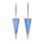 Pair of silver opal and cubic zirconia triangle pendant earrings,