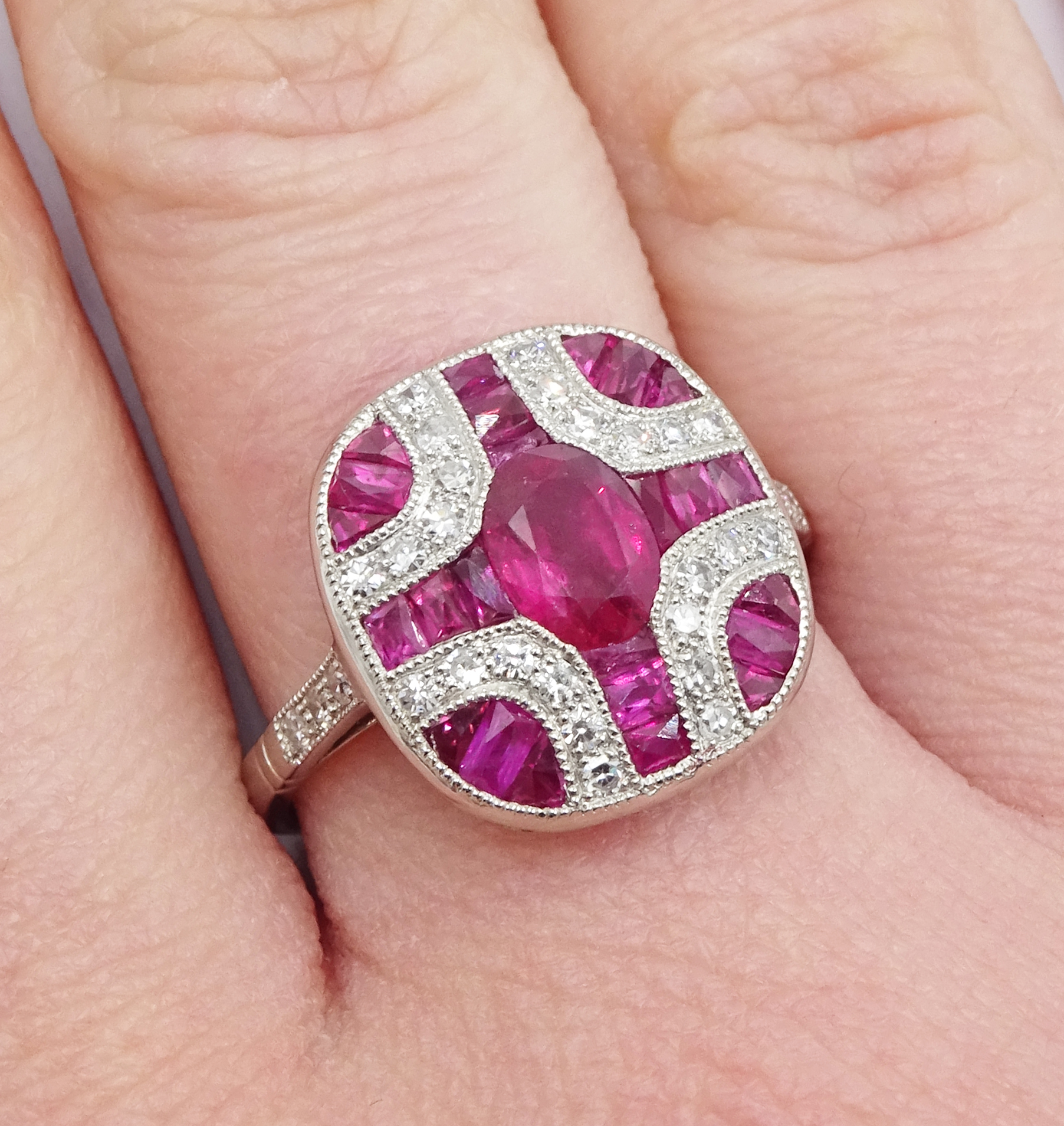 Platinum ruby and diamond panel dress ring Condition Report Tested as platinum, - Image 2 of 5