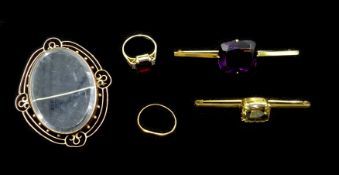 Victorian gold mounted oval brooch, two gold citrine and amethyst bar brooches, all stamped 9ct,