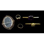 Victorian gold mounted oval brooch, two gold citrine and amethyst bar brooches, all stamped 9ct,