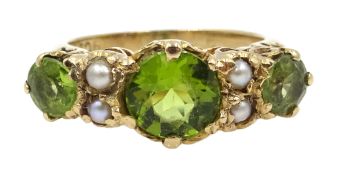 Gold three stone peridot and split seed pearl ring,