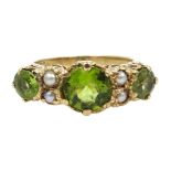 Gold three stone peridot and split seed pearl ring,