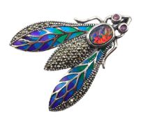 Silver plique-a-jour opal, marcasite and amethyst insect pendant/brooch,