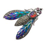 Silver plique-a-jour opal, marcasite and amethyst insect pendant/brooch,