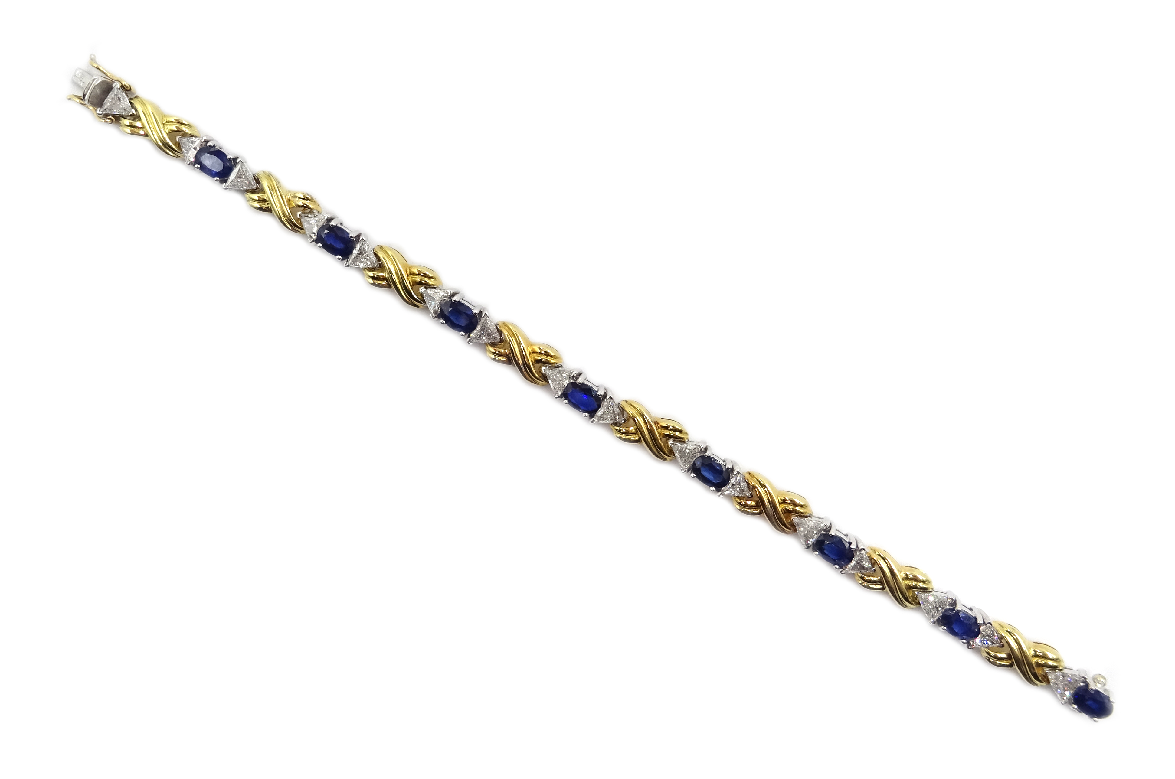 18ct gold eight oval cut sapphire and sixteen trillion cut diamond bracelet, - Image 3 of 7