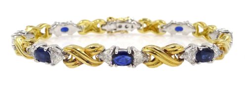 18ct gold eight oval cut sapphire and sixteen trillion cut diamond bracelet,