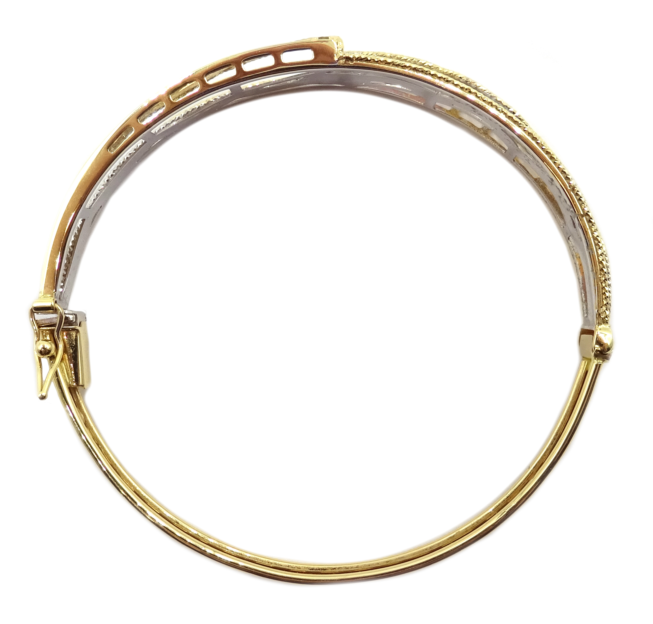 Asian 18ct white and yellow gold open work hinged bangle, stamped 750, approx 11. - Image 3 of 4