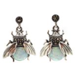 Pair of silver opal and marcasite bug pendant earrings,