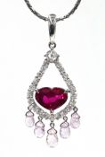 18ct white gold heart shaped ruby, diamond and sapphire pendant,