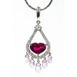 18ct white gold heart shaped ruby, diamond and sapphire pendant,