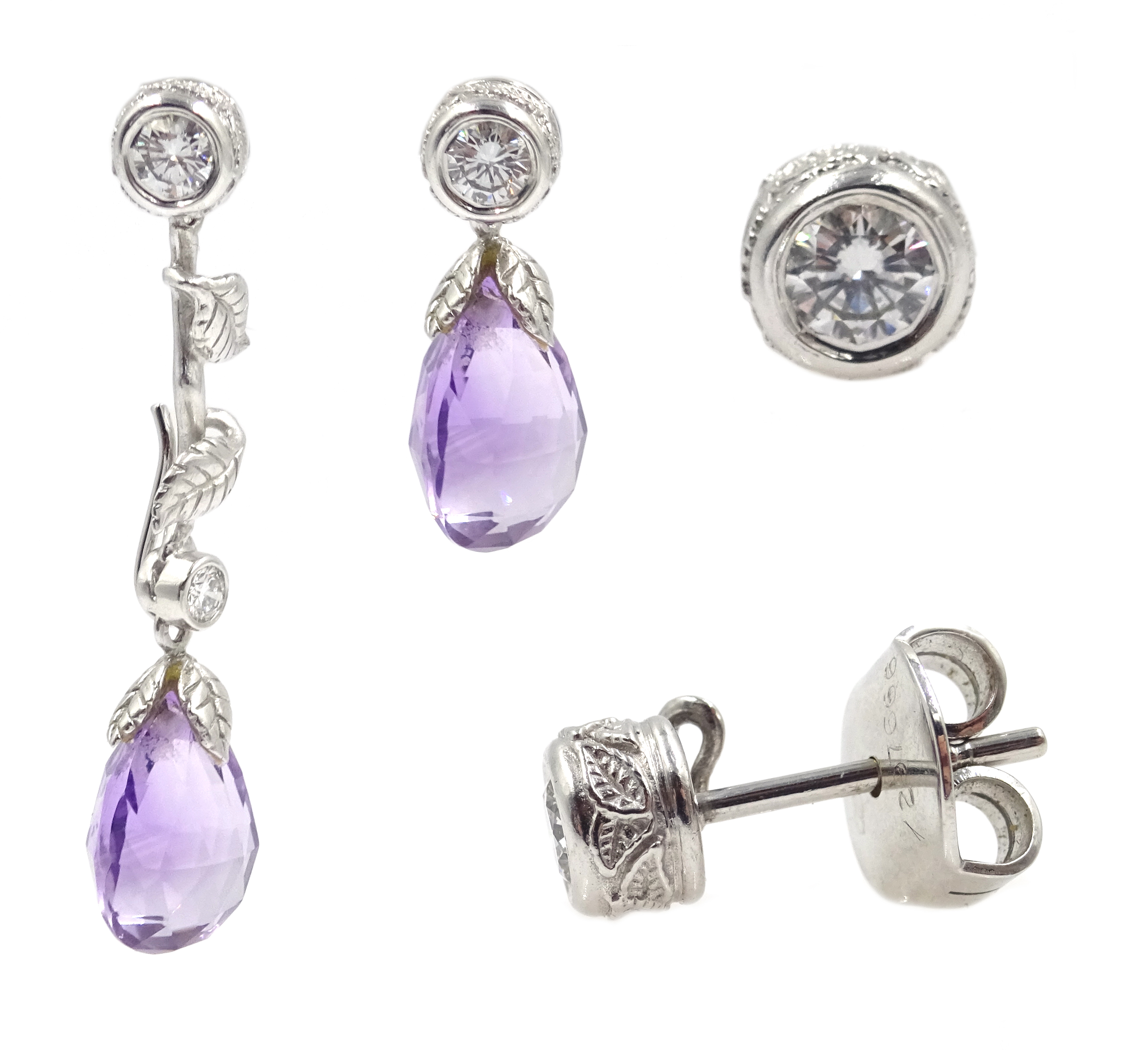 Pair of 18ct white gold (tested) diamond and amethyst adjustable leaf design pendant earrings - Image 3 of 3