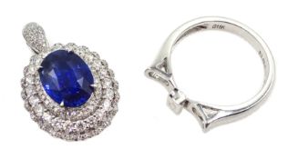 18ct white gold sapphire and diamond cluster ring/pendant, sliding shank with hidden pendant bail,
