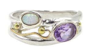 Silver and 14ct gold wire opal and amethyst ring,