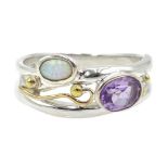 Silver and 14ct gold wire opal and amethyst ring,