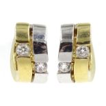 Pair of 9ct white and yellow gold hoop earrings set with two cubic zirconia's in each,