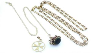 Gold figaro link necklace, gold Maltese cross pendant and gold hardstone fob pendant necklace,