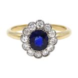 Art Deco gold oval sapphire and old cut diamond cluster ring, c.