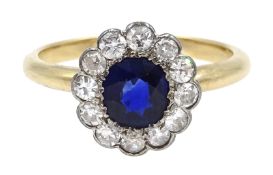 Art Deco gold oval sapphire and old cut diamond cluster ring, c.