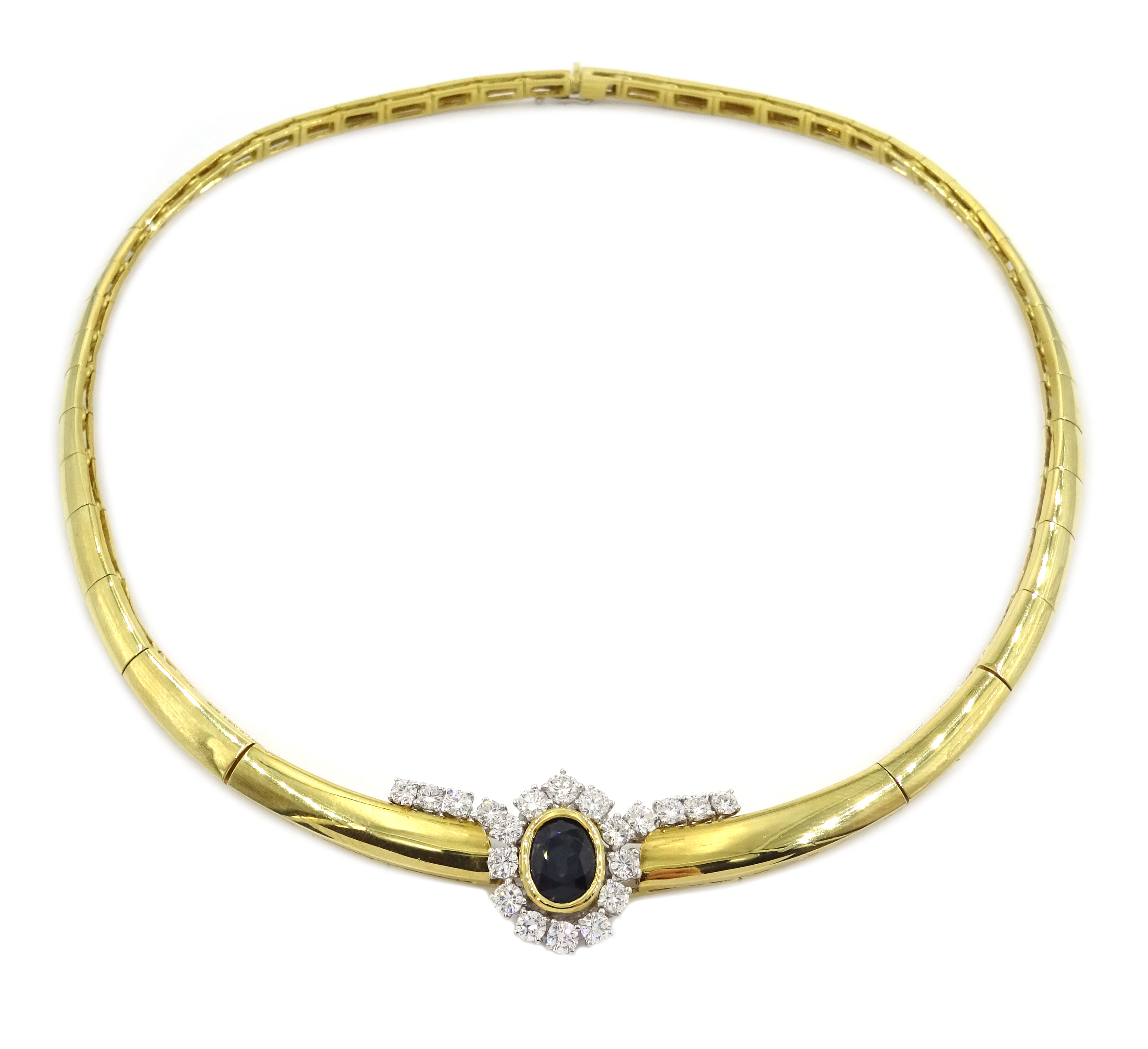 18ct gold oval sapphire and twenty round brilliant cut diamond necklace, sapphire 2.