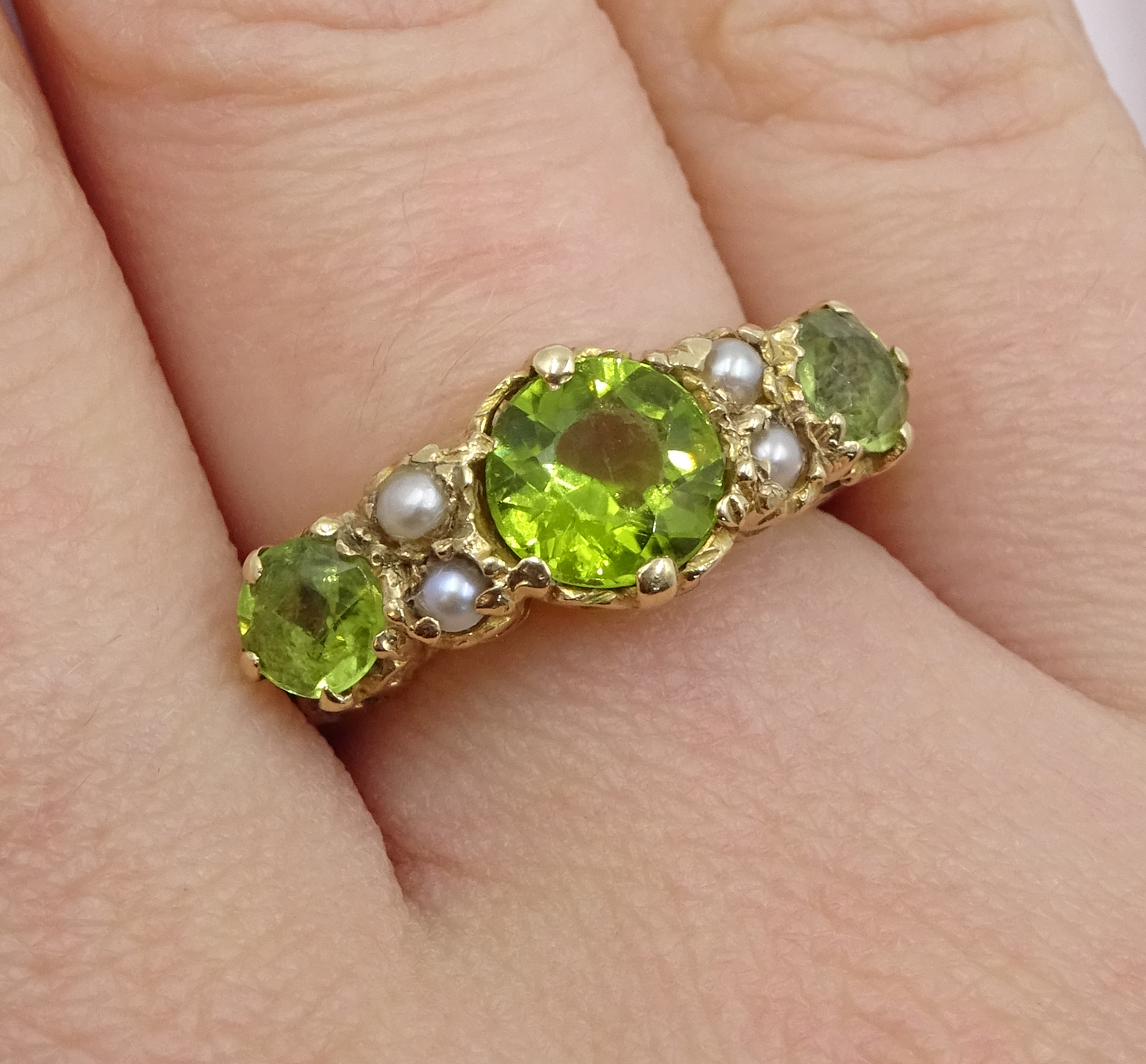 Gold three stone peridot and split seed pearl ring, - Image 2 of 4