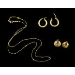 Pair of gold amethyst stud earrings, pair of gold hoop earrings and gold chain necklace,