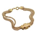 9ct gold (tested) three strand bracelet with slider, approx 14.
