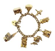 Gold curb chain bracelet, with eight gold charms including temple, car, church, train,