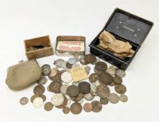 Collections of coins in a small vintage cash tin including George III 1820 shilling,