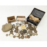 Collections of coins in a small vintage cash tin including George III 1820 shilling,