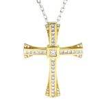 18ct yellow gold princess cut and round brilliant cut diamond cross pendant by Hugh Rice,