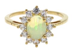 9ct gold oval opal and zircon cluster ring, hallmarked, opal 0.