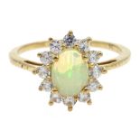 9ct gold oval opal and zircon cluster ring, hallmarked, opal 0.