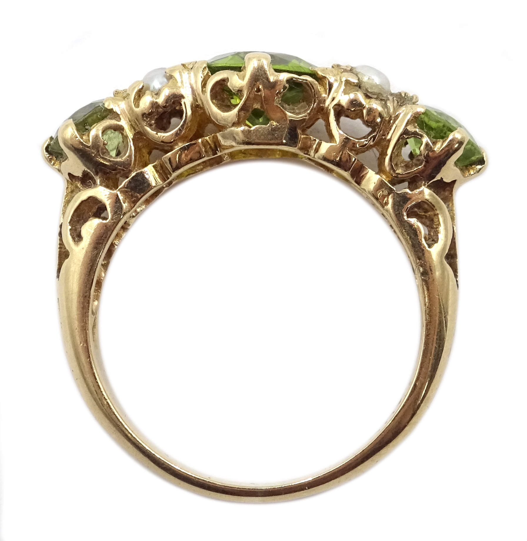 Gold three stone peridot and split seed pearl ring, - Image 4 of 4