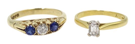 18ct gold baguette diamond solitaire ring and 9ct gold three stone diamond and sapphire ring,