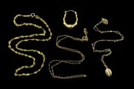 Three 9ct gold necklaces and a 9ct gold earring, hallmarked,