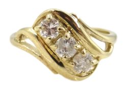 Gold three round brilliant cut diamond stone ring,