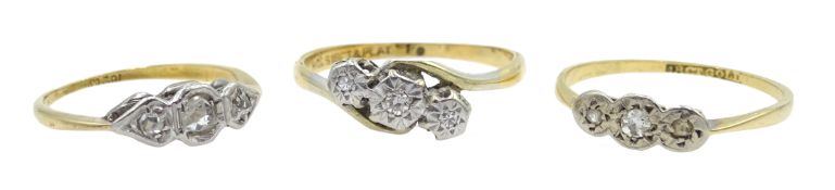 Three 18ct gold three stone diamond rings,