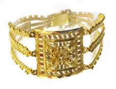 Asian 22ct gold filigree panel and three strand bracelet, stamped 22 KDM, approx 24.