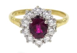 18ct gold oval ruby and round brilliant cut diamond cluster ring, hallmarked, ruby 1.