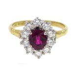 18ct gold oval ruby and round brilliant cut diamond cluster ring, hallmarked, ruby 1.