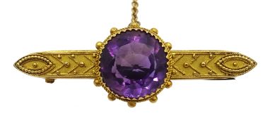 Victorian Etruscan revival amethyst brooch, stamped 15ct Condition Report Approx 4.