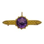 Victorian Etruscan revival amethyst brooch, stamped 15ct Condition Report Approx 4.