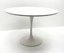 Tulip type circular white finish dining table on tapering support with circular base, D101cm,