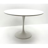 Tulip type circular white finish dining table on tapering support with circular base, D101cm,