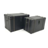 Set two graduating vintage style travelling trunks, wood and metal bound sides,