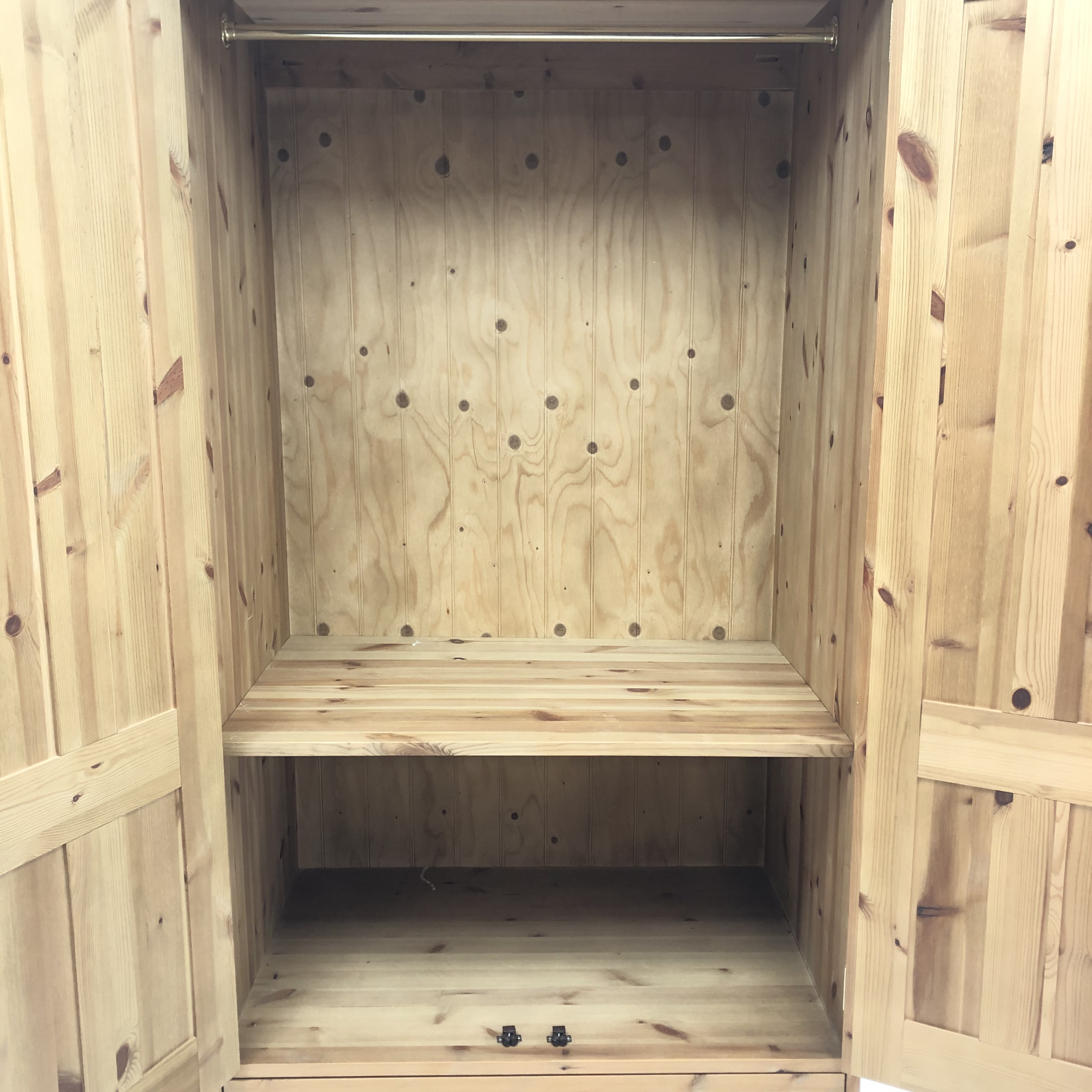 Solid Pine wardrobe, projecting cornice, two doors enclosing fitted interior above two drawers, - Image 2 of 2