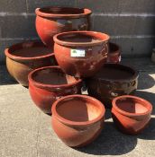 Set eight graduating glazed composite belly pot planters, D45cm,
