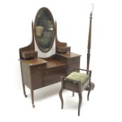 Edwardian inlaid mahogany dressing table, raised back with oval bevel edge mirror,