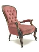 Victorian mahogany framed nursing chair, deep button upholstered back, cabriole legs,